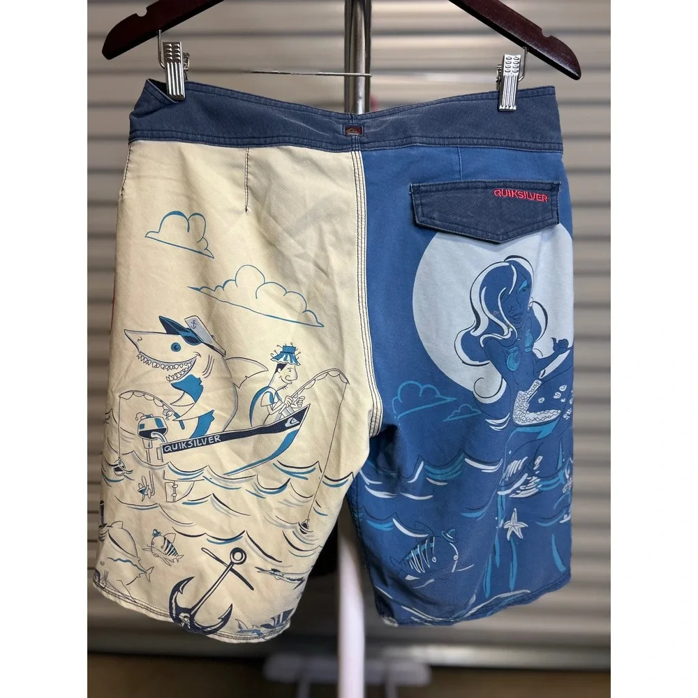 Quiksilver Board Shorts Men 30 Blue Cream Nautical Graphic Surf Trunks